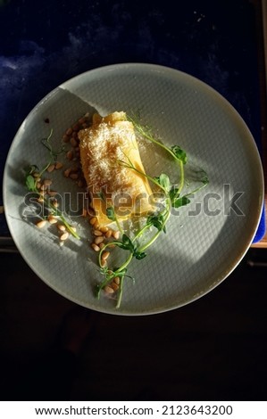 Omelette with green pea sprouts and pine nuts, dramatic sunlight Royalty-Free Stock Photo #2123643200