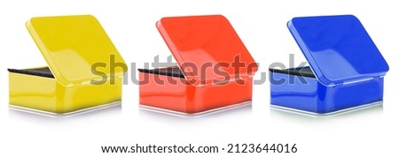 Set of Closed Empty colored metal box close-up isolated on white background