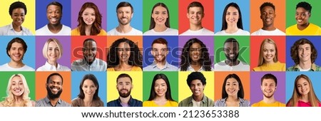 Human portraits set with men and women of various ages and races smiling and being happy on colorful studio backgrounds, panorama. Collection of multiethnic people expressing positive emotions