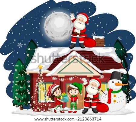 Children celebrating Christmas with Santa Claus at night illustration