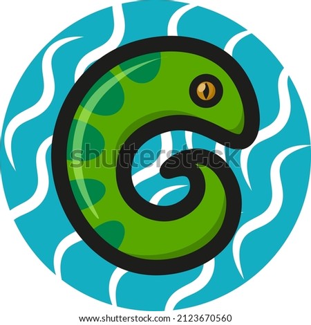 Green snake, anaconda, python, cobra, with spots on a blue wavy background. Badge, logo, sticker.