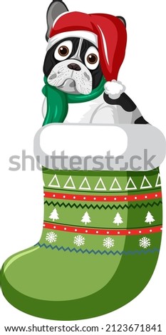 Cartoon french bulldog in Christmas stocking illustration