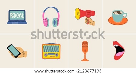 Podcast elements in modern style flat, line style. Hand drawn vector illustration: laptop, headphones, mouthpiece, cup of coffee, microphone, radio, open mouth, phone. Fashion patch, badge, emblem.