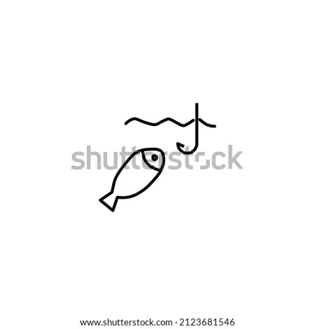 Summer activities, holiday and vacation concept. Vector sign in flat style. Suitable for web sites, stores, articles, books etc. Line icon of fish next to fishhook in river or lake