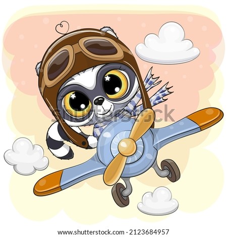 Cute Cartoon Raccoon is flying on a plane