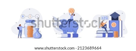 Financial education illustration set. Student characters investing money in education and knowledge. Personal finance management and financial literacy concept. Vector illustration. Royalty-Free Stock Photo #2123689664