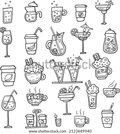 Drinks and summer cocktails. A set of doodle illustrations on a white background.