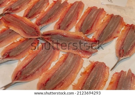  European anchovy (Engraulis encrasicolus) opened on the ice at a market in Bilbao (Spain).