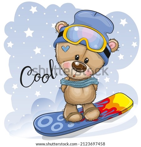 Cute cartoon Teddy Bear on a snowboard on a blue background