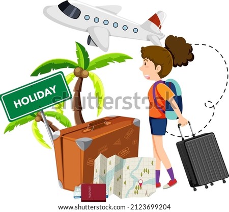 A girl with travelling objects on white background illustration