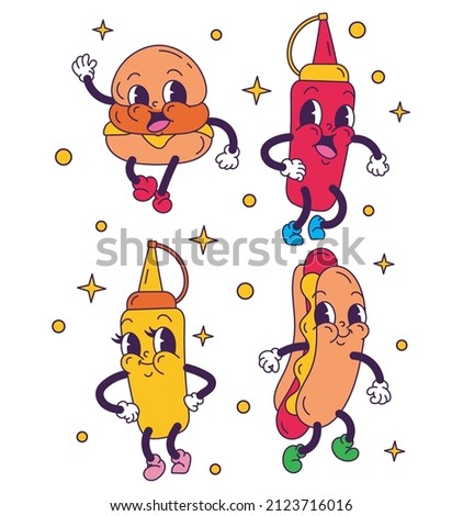 A set of clip art, doodles with vintage cartoon food. Isolated on a white background.