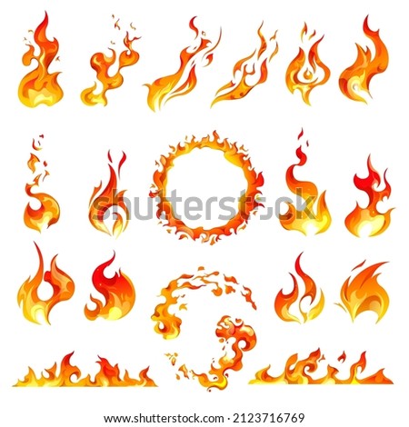 Flames and fire, circle and frames with copy space, isolated icons of blazing and burning. Bonfire and ignition, power and motion, torch or combustion. Different shapes, vector in flat style