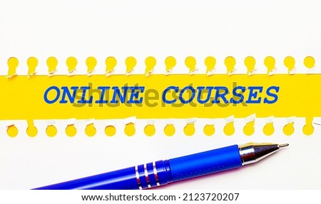 Blue pen and white torn paper stripes on a bright yellow background with the text ONLINE COURSES