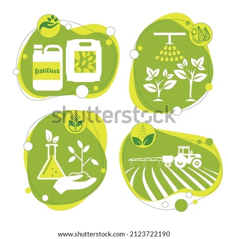 Fertilizer in a bag and canister, tractor fertilizes the soil in the field, irrigation of plants, chemical and organic fertilizers. Vector set of agricultural illustrations Royalty-Free Stock Photo #2123722190