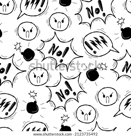 Swear curses angry doodle seamless pattern. Hand drawn speech bubble with curses, swear word, anger face, lightning. Angry smile face emoji. Vector illustration isolated on white.