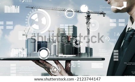 Innovative architecture and inventive civil engineering plan building construction project. Creative graphic design showing concept of infrastructure city building by architect, worker and engineer.