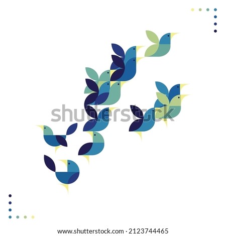 A flock of colorful abstract birds from geometric shapes. Cartoon flat illustration.