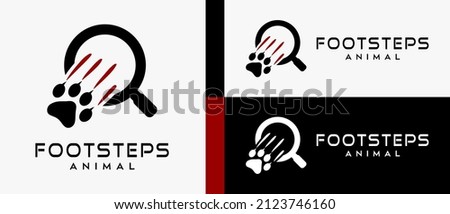 Animal footprints, lion, tiger or cat footprints logo design templates and magnifying glass icons with creative and cool concepts. premium vector logo illustration
