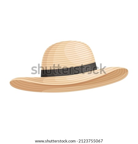 Straw fedora hat with black ribbon. Womens beach hat, the perfect accessory to complement your bathing suit and protect against sunstroke. Royalty-Free Stock Photo #2123755067
