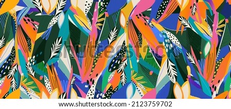 Abstract trendy exotic floral jungle pattern. Collage contemporary seamless pattern. Hand drawn cartoon style pattern.  Royalty-Free Stock Photo #2123759702
