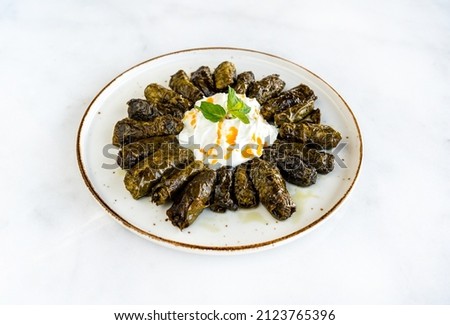 Stuffed grape leaves with yoghurt sauce. A delicious plate of mediterranean and Turkish cuisine. Useful for restaurant menus. Stock image for social media usage.