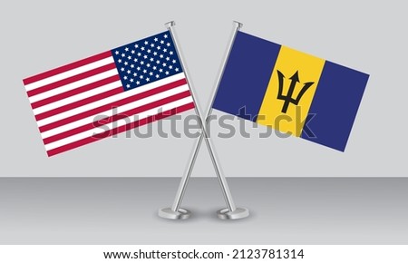 Crossed flags of United State of America (USA) and Barbados. Official colors. Correct proportion. Banner design