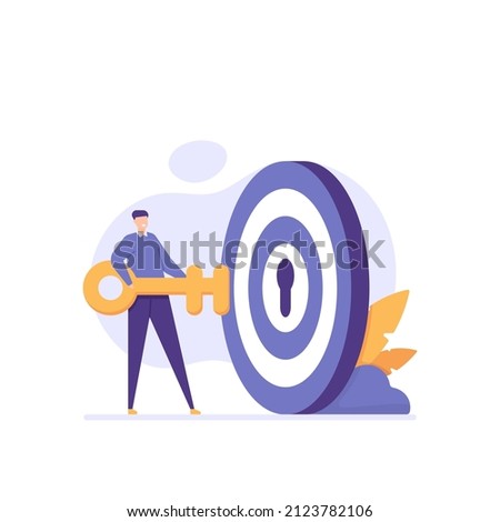 Key Performance Indicators. The key to success and achieving business targets. Entrepreneurs use the golden key to get to their targets and unlock business success. flat cartoon illustration. concept  Royalty-Free Stock Photo #2123782106