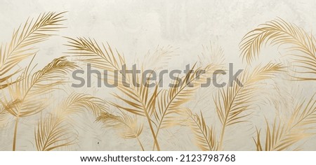Luxurious golden tropical leaves on a white background. Vector botanical floral art banner in gold color in art line style