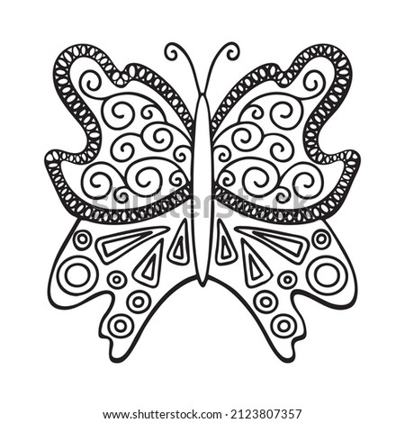 Hand drawn doodle silhouette of butterfly, Zentangle stylized. Line art vector illustration for coloring book