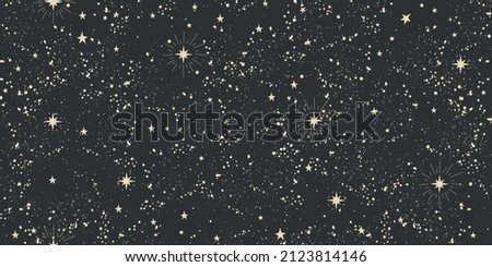 Seamless space boho pattern with stars on a black background for tarot, astrology. Mystical sky, abstract esoteric ornament for flyer, wallpaper, scrapbooking. Vector illustration. Royalty-Free Stock Photo #2123814146