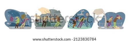 Storm weather vector illustration. People fight with strong wind, autumn rain weather. Umbrellas and trees are blown away by hurricane wind at the park and at the streets. Royalty-Free Stock Photo #2123830784