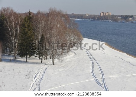 river on a sunny day. Trees and shrubs. Landscape of winter nature, river banks overgrown with bushes