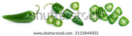 jalapeno peppers isolated on white background. Green chili pepper with clipping path and full depth of field. Set or collection Royalty-Free Stock Photo #2123844002