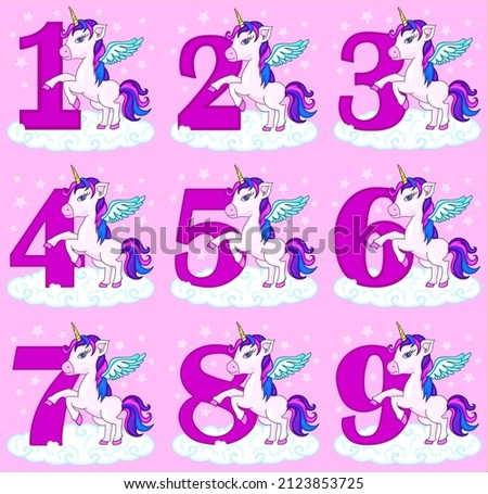 Cute set of numbers for birthday or holidays.Unicorn on a starry background. Magic unicorn. Vector design on a pink background. Print for t-shirt. Romantic hand drawn illustration for children. 
