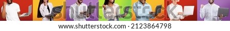 Set of cropped photos of multiethnic people men and women different ages and occupations using notebooks, trading on stocks and markets online, gambling, colorful backgrounds, panoramic collage
