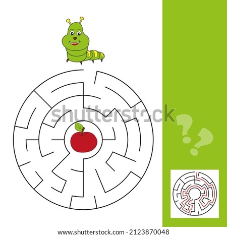 Maze puzzle for kids with caterpillar and apple. Labyrinth illustration, solution included. Simple game for children with answer