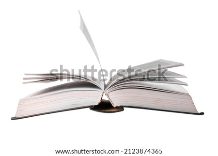 Open hardcover book isolated on white background. Dictionary, bible, code, history or philosophy book, poetry, encyclopedia or novel. High quality photo Royalty-Free Stock Photo #2123874365