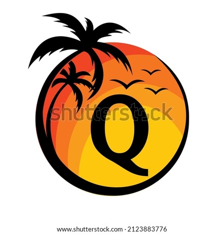 Beach Logo On Letter Q Vector Sign. Summer Vacation On Tropical Beach with Q Logotype. Sunset Summer Travel Logo Beach, Sea, Sunset Logo Design Vector Template