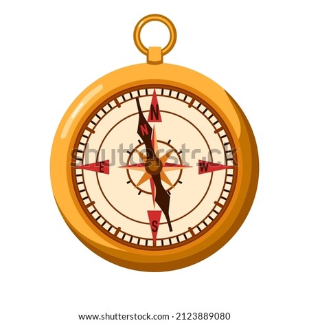 Compass. Vintage compass in bronze case. An instrument for navigating the sea. Pirate compass. Icon, clipart for website about history, travel, pirates. Vector flat illustration, cartoon style.