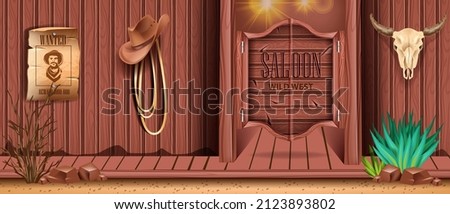 Western saloon door vector background, old retro bar wooden entrance, vintage wild west pub banner. Texas country tavern wall, wanted poster, cow skull, cowboy hat, rope. Western saloon exterior Royalty-Free Stock Photo #2123893802