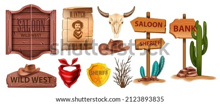 Wild west vector icon set, western wooden signboard, vintage saloon door, wanted poster, sheriff badge. Texas timber road sign, cactus, cow skull, cowboy hat isolated on white. Wild west collection Royalty-Free Stock Photo #2123893835
