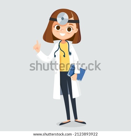 Female doctor, health professional, physician in white scrubs, medical coat with stethoscope over neck, standing. Vector illustration. Flat design.