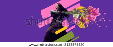 Women's rights, feminism. Contemporary art collage. Idea, inspiration, aspiration and creativity. Brutal medieval knight with flowers on bright neon background. Concept of love, comparison of eras Royalty-Free Stock Photo #2123895320