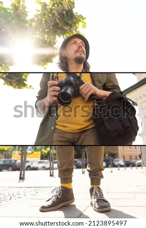 Creative collage. Portrait of young man, photographer, cameraman with professional camera, equipment during working summer day outdoors. Concept of occupation, job, education, caree and hobby
