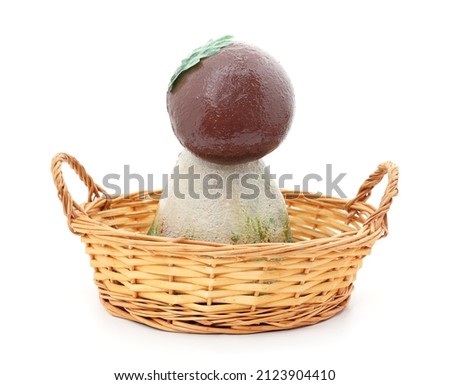 Statuette of a beautiful mushroom in the cart isolated on a white background.