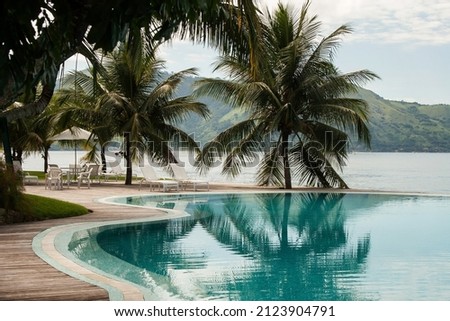 Beautiful swimming pool with wooden deck, coconut trees and the sea in the background