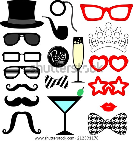 mustaches, lips, eyeglasses silhouettes and design elements for party props isolated on white background Royalty-Free Stock Photo #212391178