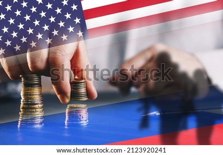  Military issues and the concept of war. United States and Russia sanctions. Governments conflict concept. Royalty-Free Stock Photo #2123920241