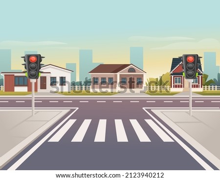Empty city road with pedestrian crossing and traffic lights sunny day with clear sky and wooden house vector illustration