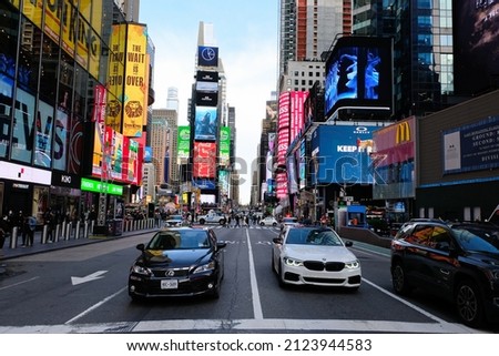 With its neon lights and billboards, Times Square is New York's most famous landmark and is the liveliest area in the city, located at the intersection of Broadway and 7th Avenue.  Royalty-Free Stock Photo #2123944583